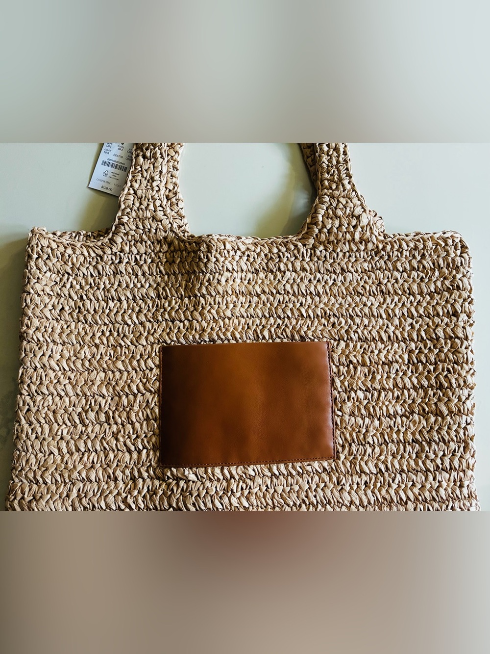 J. Crew Factory Packable straw tote bag Natural Straw Tote with Tan Patch.NWT. - Picture 4 of 16